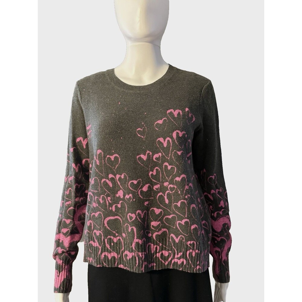 Lisa Todd Love Spiral Hearts Cotton Cashmere Sweater Gray Pink Whimsical SZ S